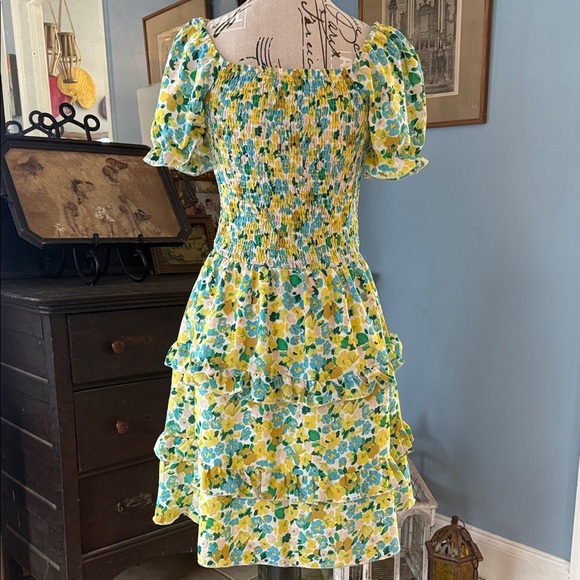Kirundo Blue and Yellow Floral Print Smocked Puff Sleeve Off Shoulder Dress - Picture 8 of 14